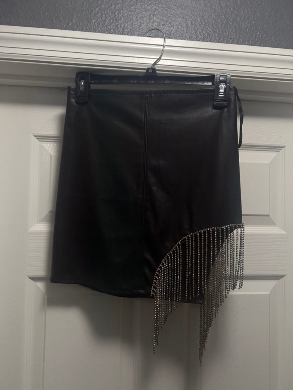 Black Faux Leather Mini Skirt with Silver Fringe